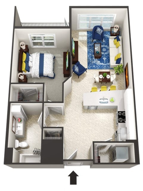 Floor plan for 1 bed, 1 bath, 798 sqft